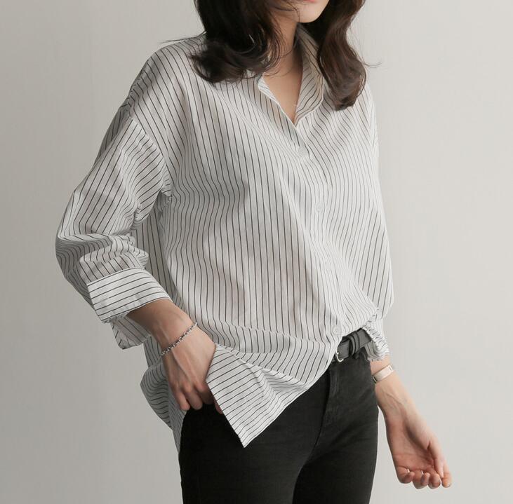 New Style Medium Long Loose Blue Vertical Stripe BF Large Size Long Sleeve Shirt Women Summer