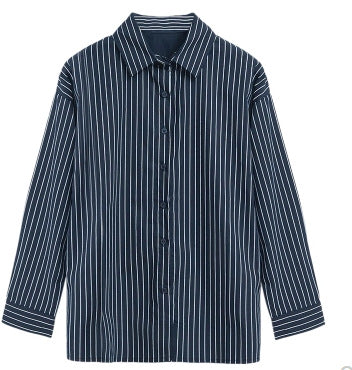 New Style Medium Long Loose Blue Vertical Stripe BF Large Size Long Sleeve Shirt Women Summer