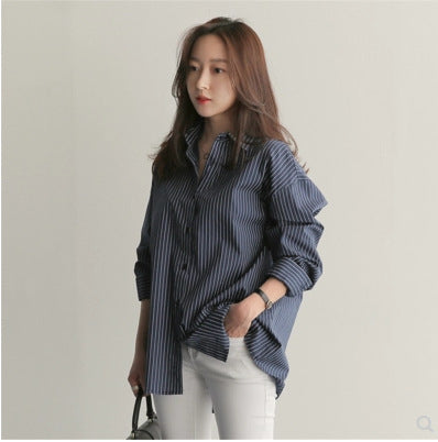 New Style Medium Long Loose Blue Vertical Stripe BF Large Size Long Sleeve Shirt Women Summer