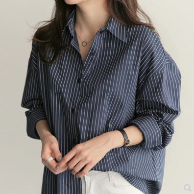 New Style Medium Long Loose Blue Vertical Stripe BF Large Size Long Sleeve Shirt Women Summer