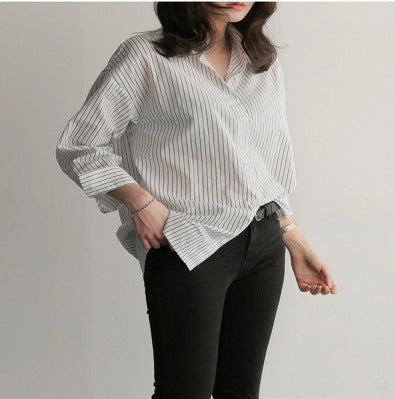 New Style Medium Long Loose Blue Vertical Stripe BF Large Size Long Sleeve Shirt Women Summer