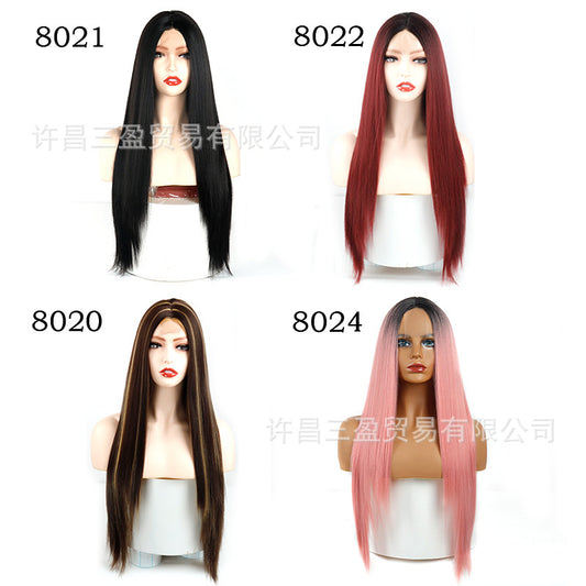 Cross-border Wigs Europe And The United States Front Lace Headgear Ladies Middle Bangs Long Straight Hair Chemical Fiber High Temperature Silk Wig