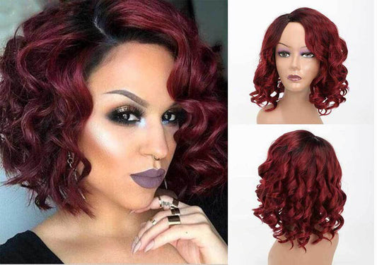 Wine Red Ladies Short Curly Hair Chemical Fiber High Temperature Silk Headgear