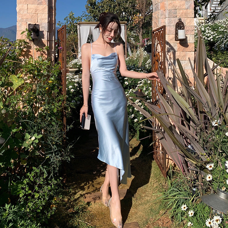 Sexy Pure Desire Ice Blue Satin Strap Backless Silk Vacation Dress