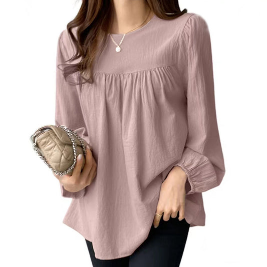 Spring And Autumn European And American Clothing Solid Color Loose Round Neck Large Size Shirt