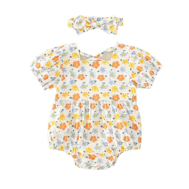 0-2 Year Old Baby Thin Romper 2021 Summer New Baby Girl Send Hair Belt Floral Backless Newborn Onesie