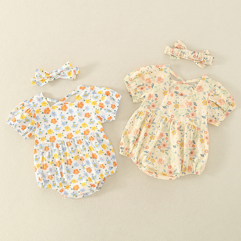 0-2 Year Old Baby Thin Romper 2021 Summer New Baby Girl Send Hair Belt Floral Backless Newborn Onesie