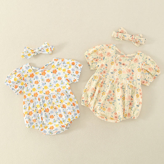 0-2 Year Old Baby Thin Romper 2021 Summer New Baby Girl Send Hair Belt Floral Backless Newborn Onesie