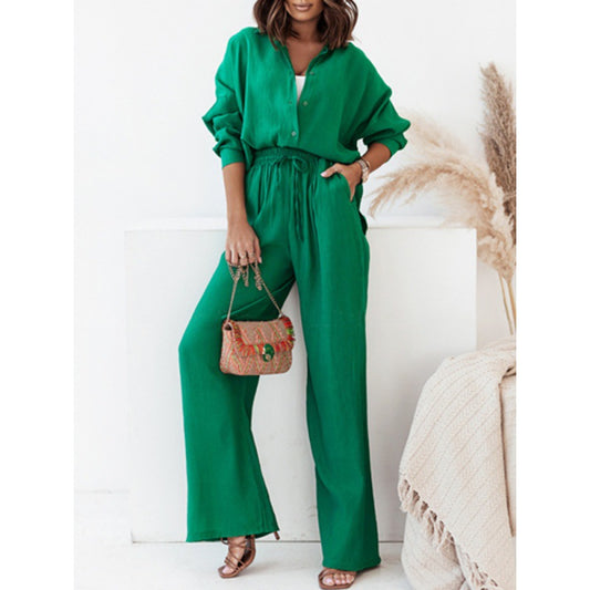 New Loose Elastic Wrinkled Long-sleeved Shirt Wide-leg Pants Casual Suit Women