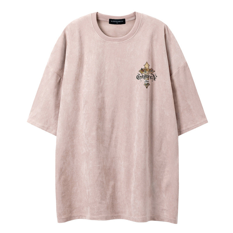Shoulder T-shirt Men's Summer Ins Fashion Brand High-end Suede Loose Large Size Base 5-point Sleeve Couple's T-shirt