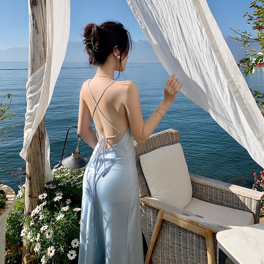 Sexy Pure Desire Ice Blue Satin Strap Backless Silk Vacation Dress