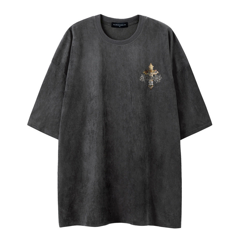 Shoulder T-shirt Men's Summer Ins Fashion Brand High-end Suede Loose Large Size Base 5-point Sleeve Couple's T-shirt