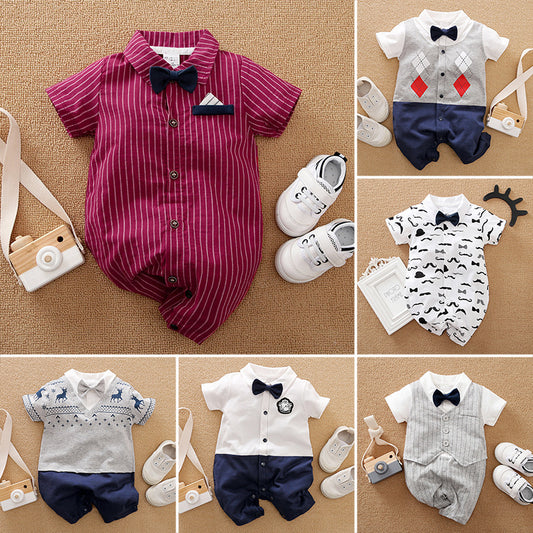 2022-Baby Hundred Days Dress Summer Short Sleeve Thin Boy Baby Gentleman Bodysuit Shirt Newborn Clothes