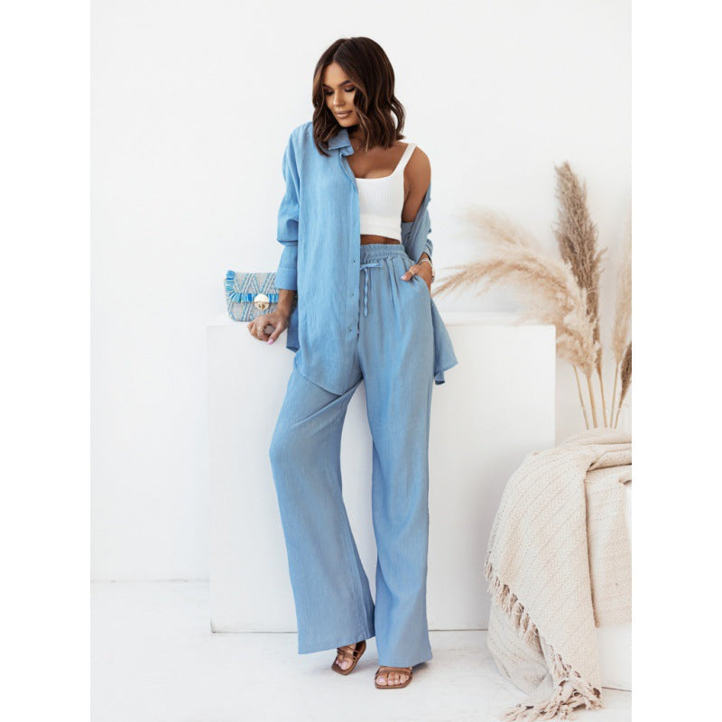 New Loose Elastic Wrinkled Long-sleeved Shirt Wide-leg Pants Casual Suit Women