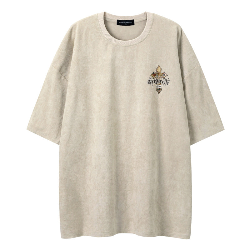 Shoulder T-shirt Men's Summer Ins Fashion Brand High-end Suede Loose Large Size Base 5-point Sleeve Couple's T-shirt