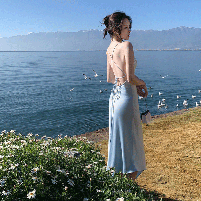 Sexy Pure Desire Ice Blue Satin Strap Backless Silk Vacation Dress