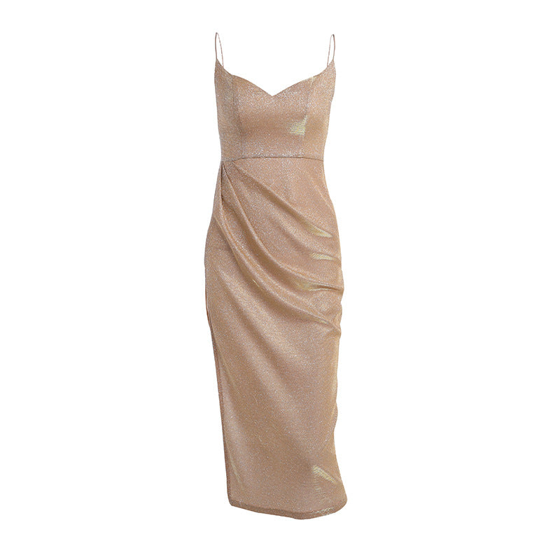 Winter New Style Glitter Sexy Deep V Suspender Dress European And American Cross-border Slit Temperament Long Skirt Women