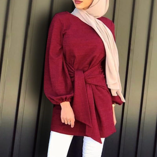 New Muslim Tops Solid Color Bandage Waist Lantern Sleeve Shirt
