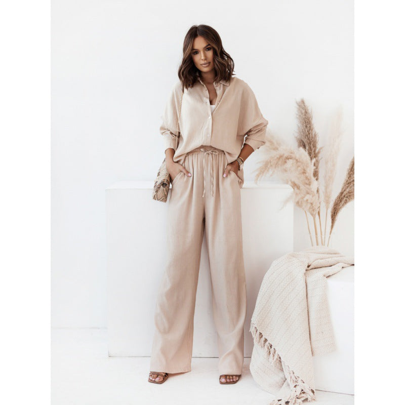 New Loose Elastic Wrinkled Long-sleeved Shirt Wide-leg Pants Casual Suit Women