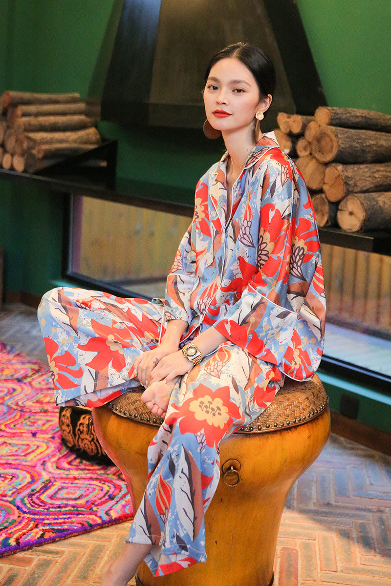Long-sleeved Pajamas Women's Spring And Autumn Fashion High-end Printing Two-piece Suit Can Be Worn Outside Loose Simulation Silk Homewear Suit