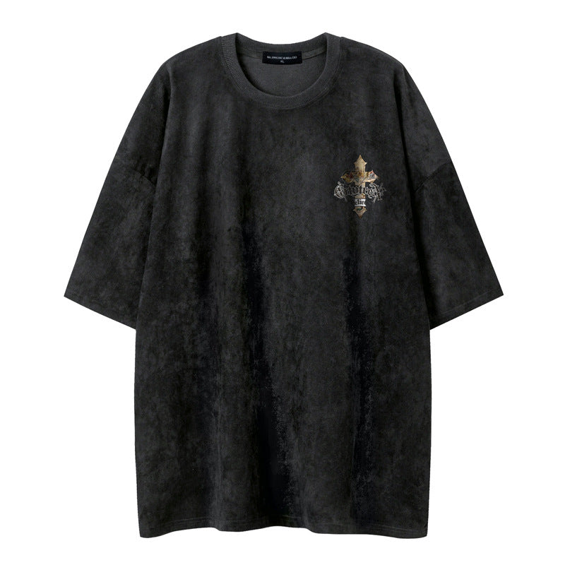 Shoulder T-shirt Men's Summer Ins Fashion Brand High-end Suede Loose Large Size Base 5-point Sleeve Couple's T-shirt