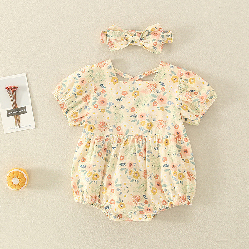 0-2 Year Old Baby Thin Romper 2021 Summer New Baby Girl Send Hair Belt Floral Backless Newborn Onesie