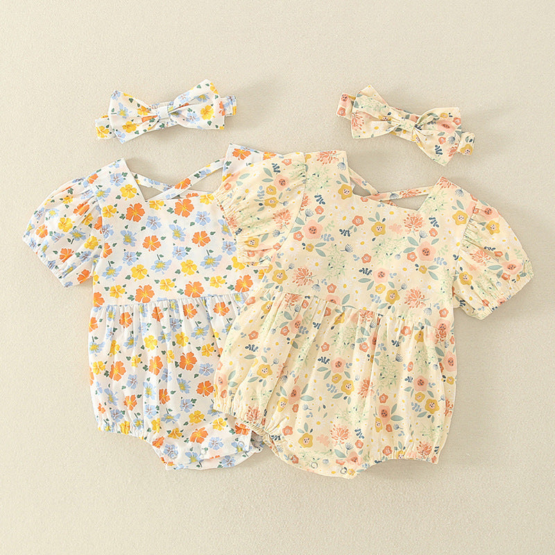 0-2 Year Old Baby Thin Romper 2021 Summer New Baby Girl Send Hair Belt Floral Backless Newborn Onesie