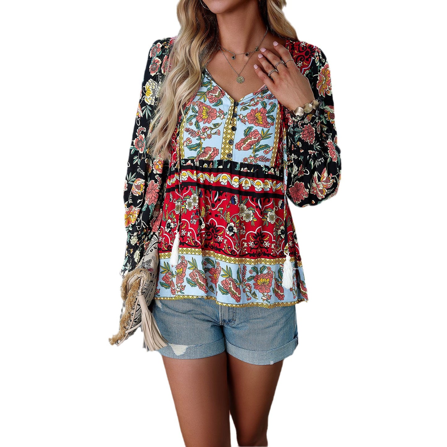 Diyun Cross-border European And American Women's Clothing Independent Station 2023 Autumn Bohemian Casual Style Cotton Printed Long-sleeved Shirt For Women