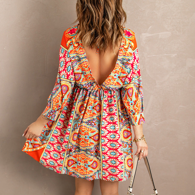 Shiying Dress Women's European And American Backless New Chiffon Cross-border Deep V-neck Waist Floral Skirt Long-sleeved Women 221873
