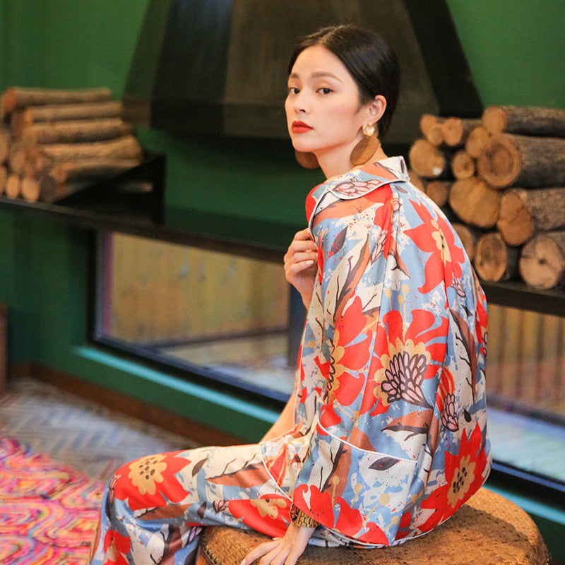 Long-sleeved Pajamas Women's Spring And Autumn Fashion High-end Printing Two-piece Suit Can Be Worn Outside Loose Simulation Silk Homewear Suit