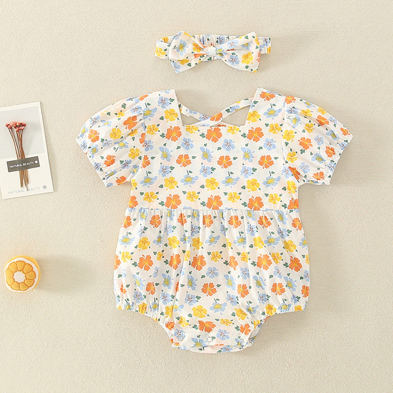 0-2 Year Old Baby Thin Romper 2021 Summer New Baby Girl Send Hair Belt Floral Backless Newborn Onesie