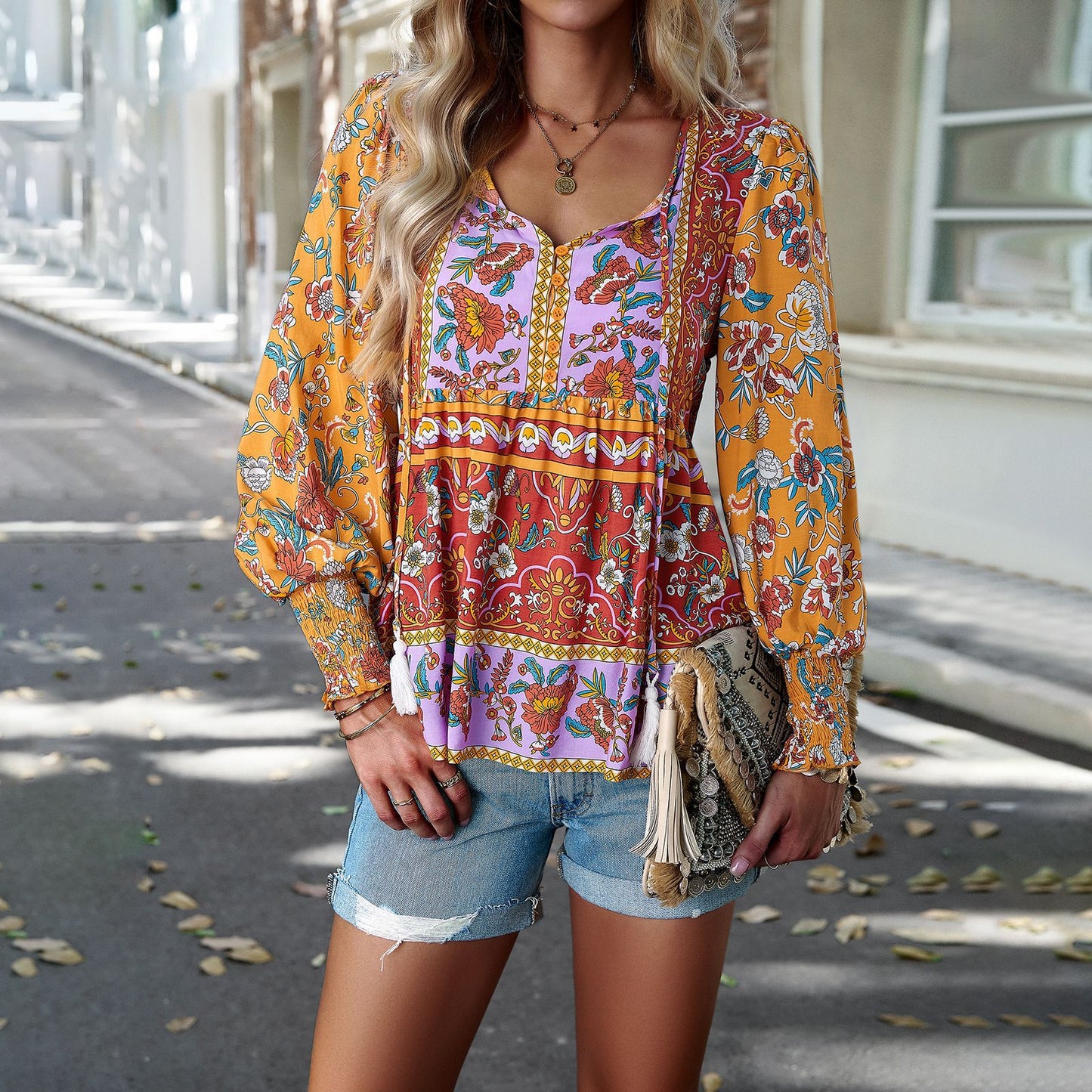 Diyun Cross-border European And American Women's Clothing Independent Station 2023 Autumn Bohemian Casual Style Cotton Printed Long-sleeved Shirt For Women