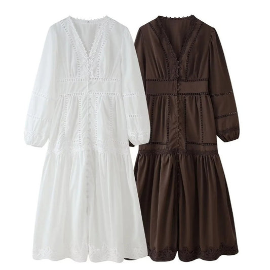 Cross-border European And American Women's AliExpress Explosions Temperament V-neck Stitching Lace Hollow-out Design Sense Long Sleeve Waisted Dress