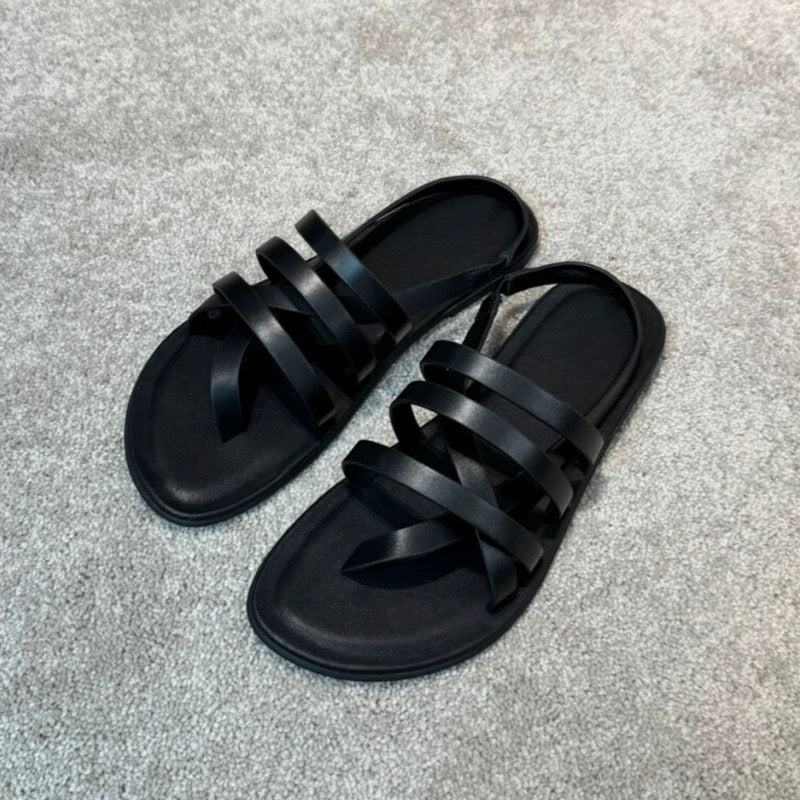 Cowhide Edition ~ Korean Style Casual Cross Strap Toe Flat Roman Sandals Women's 2025 Summer New Beach Sandals