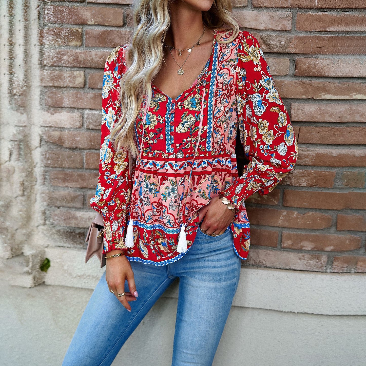 Diyun Cross-border European And American Women's Clothing Independent Station 2023 Autumn Bohemian Casual Style Cotton Printed Long-sleeved Shirt For Women