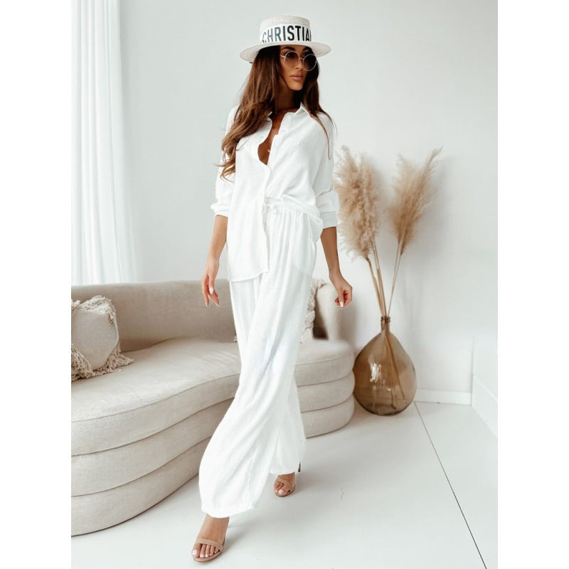 New Loose Elastic Wrinkled Long-sleeved Shirt Wide-leg Pants Casual Suit Women