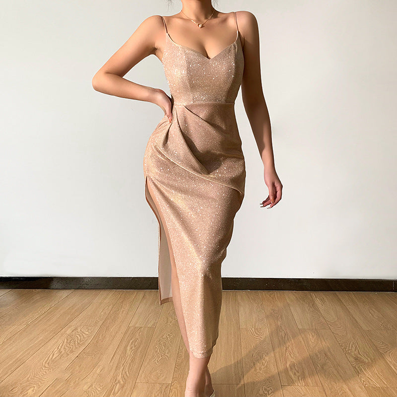 Winter New Style Glitter Sexy Deep V Suspender Dress European And American Cross-border Slit Temperament Long Skirt Women