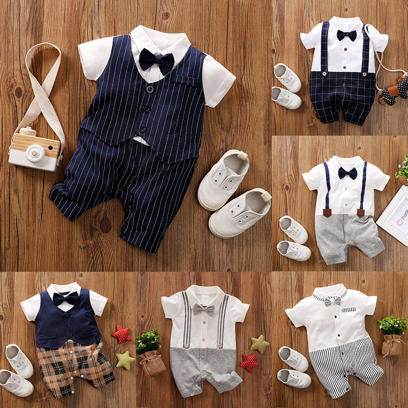 2022-Baby Hundred Days Dress Summer Short Sleeve Thin Boy Baby Gentleman Bodysuit Shirt Newborn Clothes