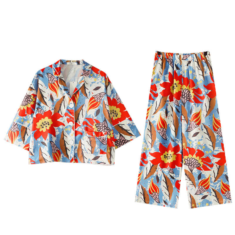 Long-sleeved Pajamas Women's Spring And Autumn Fashion High-end Printing Two-piece Suit Can Be Worn Outside Loose Simulation Silk Homewear Suit