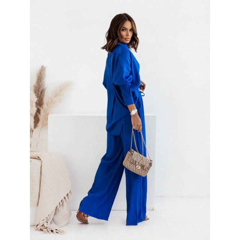 New Loose Elastic Wrinkled Long-sleeved Shirt Wide-leg Pants Casual Suit Women