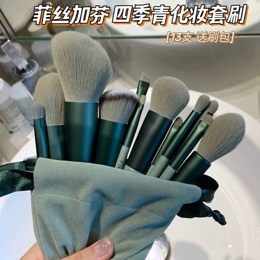 13 Makeup Brushes Suit Beginners Loose Powder Eye Shadow Lip Concealer Blush Foundation Soft Wool Beauty Four Seasons Green Brush