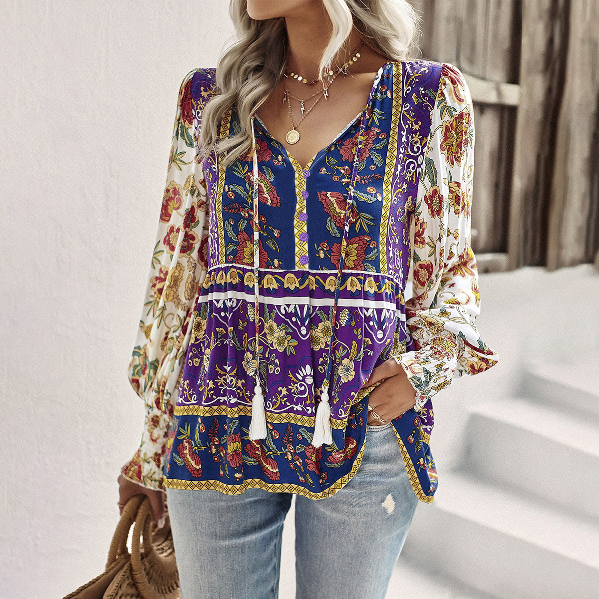 Diyun Cross-border European And American Women's Clothing Independent Station 2023 Autumn Bohemian Casual Style Cotton Printed Long-sleeved Shirt For Women