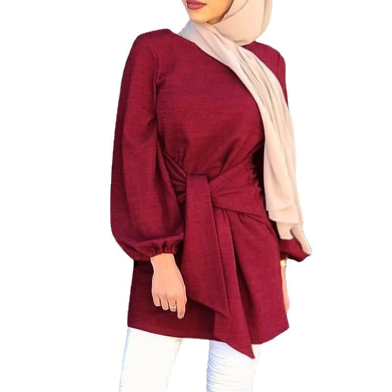 New Muslim Tops Solid Color Bandage Waist Lantern Sleeve Shirt