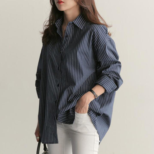 New Style Medium Long Loose Blue Vertical Stripe BF Large Size Long Sleeve Shirt Women Summer