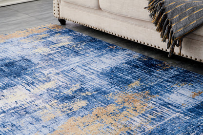 ZARA Collection Abstract Design Blue Gold Machine Washable Super Soft Area Rug