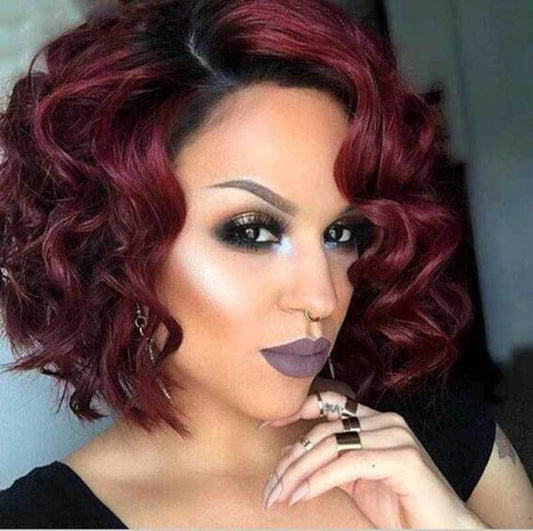 Wine Red Ladies Short Curly Hair Chemical Fiber High Temperature Silk Headgear
