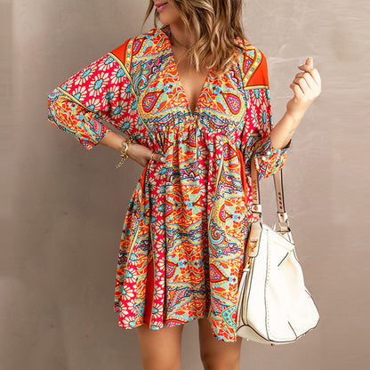Shiying Dress Women&#039;s European And American Backless New Chiffon Cross-border Deep V-neck Waist Floral Skirt Long-sleeved Women 221873