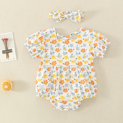 0-2 Year Old Baby Thin Romper 2021 Summer New Baby Girl Send Hair Belt Floral Backless Newborn Onesie