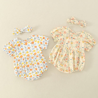 0-2 Year Old Baby Thin Romper 2021 Summer New Baby Girl Send Hair Belt Floral Backless Newborn Onesie