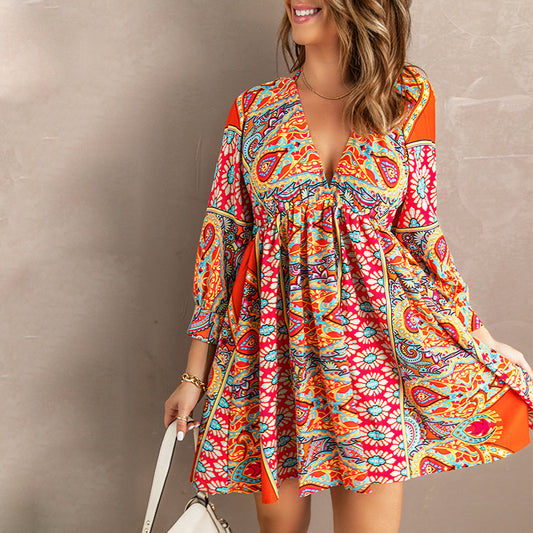 Shiying Dress Women&#039;s European And American Backless New Chiffon Cross-border Deep V-neck Waist Floral Skirt Long-sleeved Women 221873